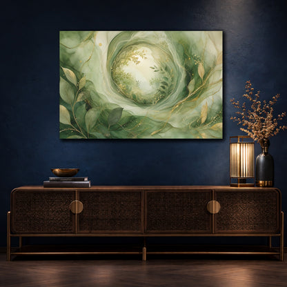Mockup 4. Nature Foliage Green Gold Abstract shown as stretched canvas wall art