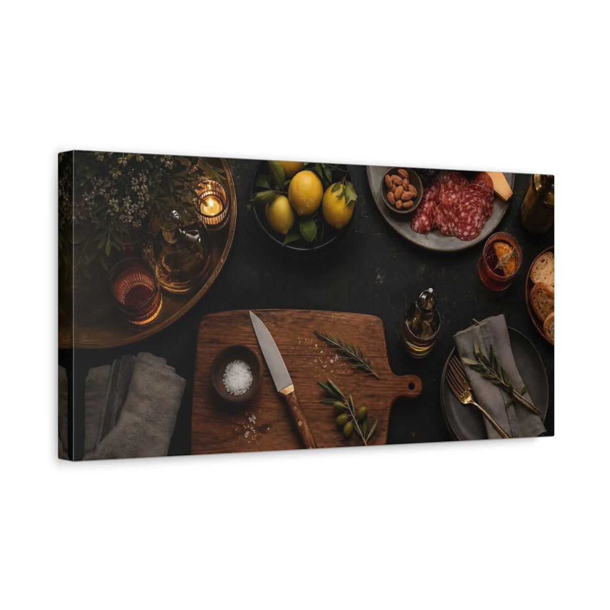 Side Mockup 3. Nature Food Spread Brown And Black shown as canvas print
