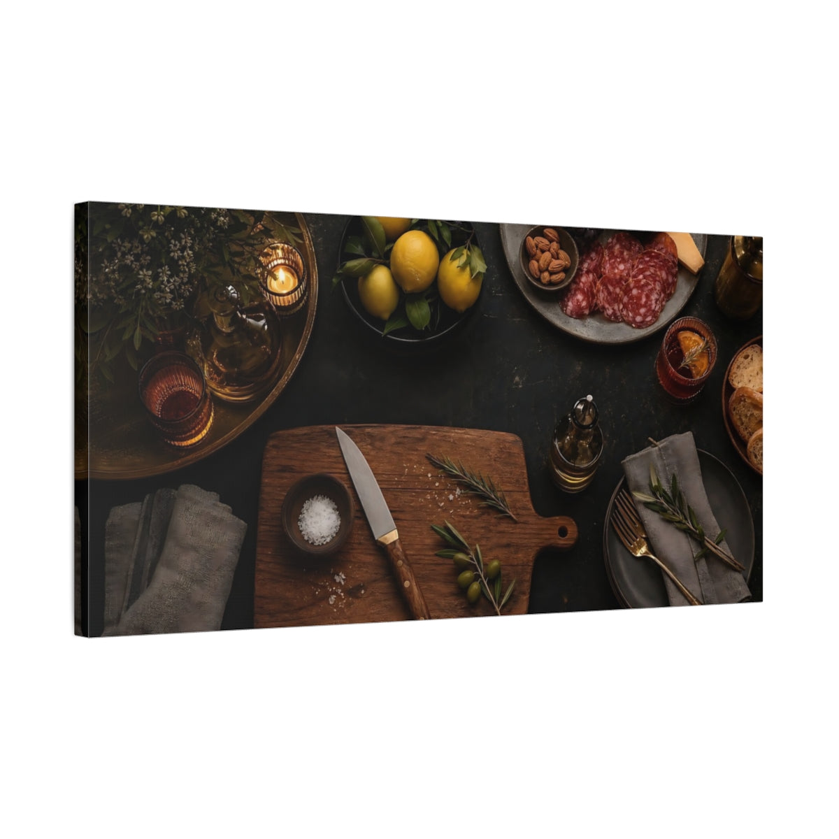 Side Mockup 1. Nature Food Spread Brown And Black shown as canvas print