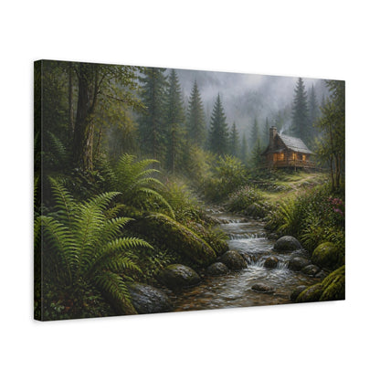 Side Mockup 3. Nature Forest Cabin Misty Forest Cabin shown as stretched canvas wall art