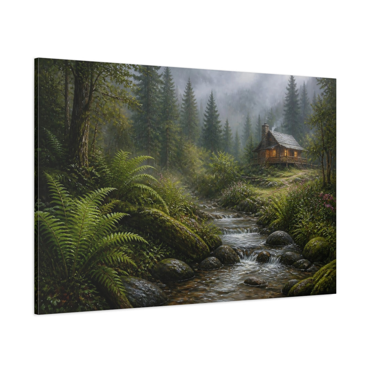 Side Mockup 1. Nature Forest Cabin Misty Forest Cabin shown as stretched canvas wall art