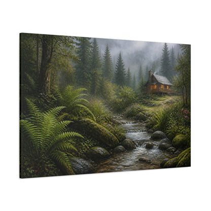 Side Mockup 1. Nature Forest Cabin Misty Forest Cabin shown as stretched canvas wall art