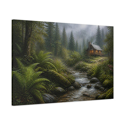 Main Mockup. Nature Forest Cabin Misty Forest Cabin shown as stretched canvas wall art