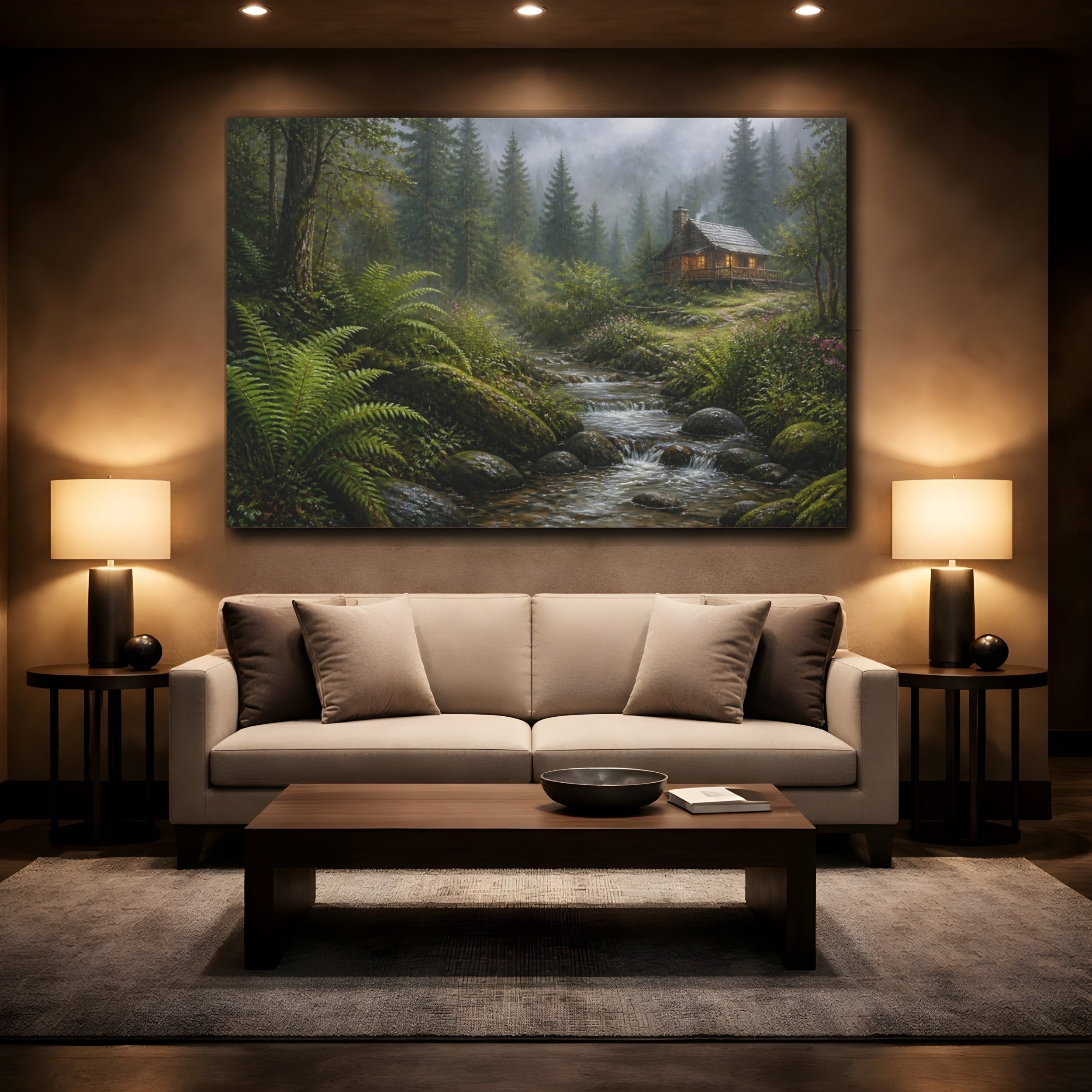 Mockup 2. Nature Forest Cabin Misty Forest Cabin shown as stretched canvas wall art