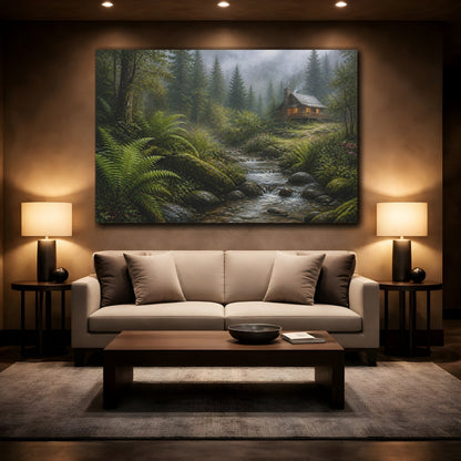 Mockup 2. Nature Forest Cabin Misty Forest Cabin shown as stretched canvas wall art