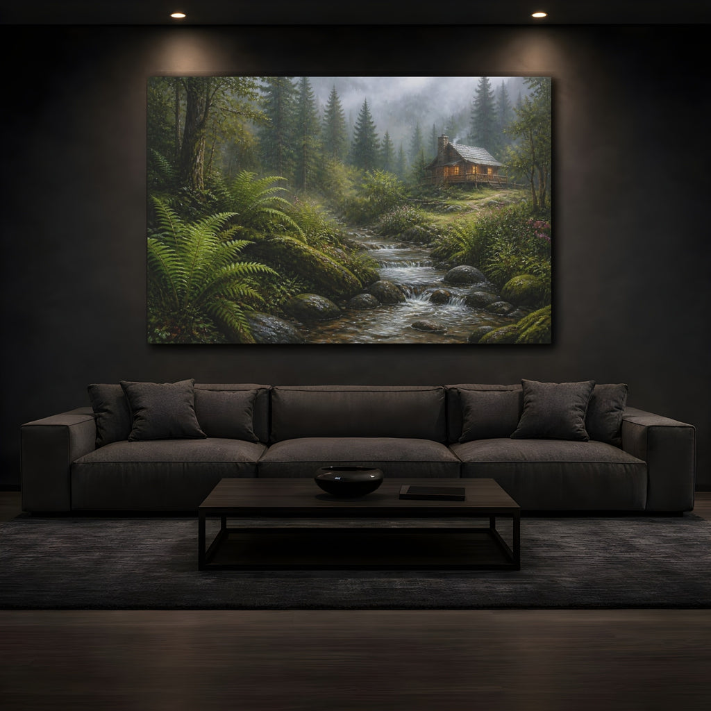 Mockup 3. Nature Forest Cabin Misty Forest Cabin shown as stretched canvas wall art