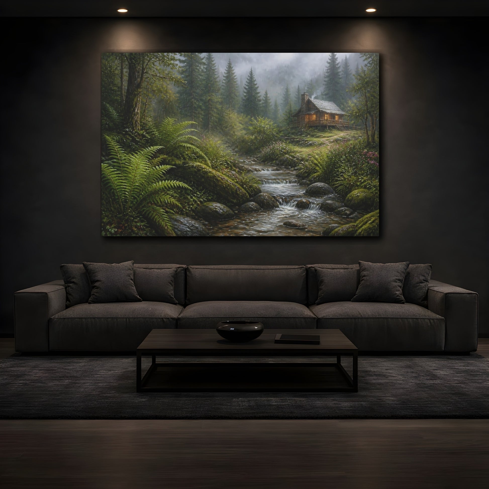 Mockup 3. Nature Forest Cabin Misty Forest Cabin shown as stretched canvas wall art