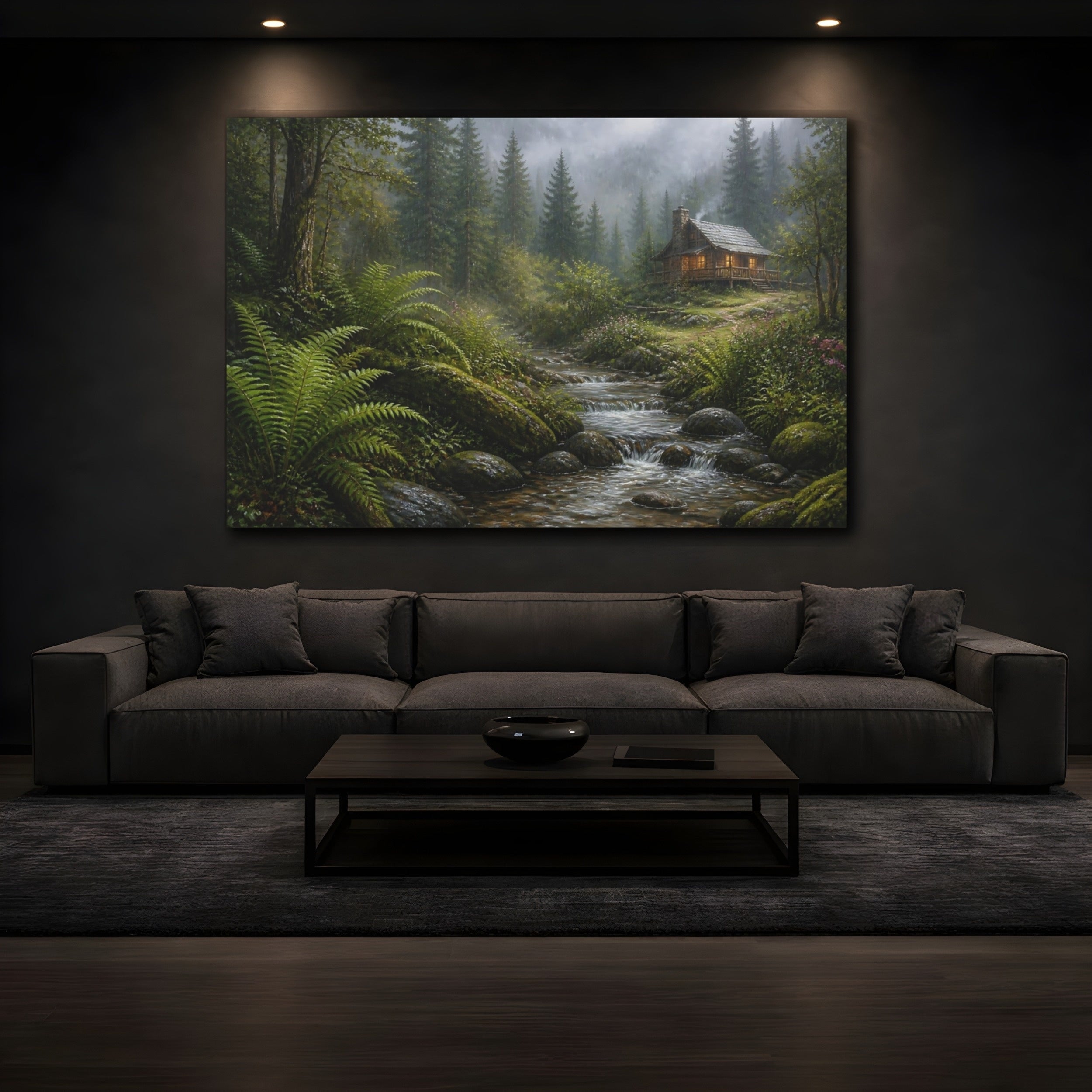 Mockup 3. Nature Forest Cabin Misty Forest Cabin shown as stretched canvas wall art