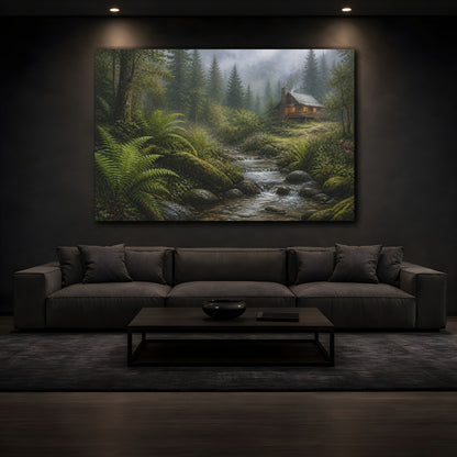 Mockup 3. Nature Forest Cabin Misty Forest Cabin shown as stretched canvas wall art