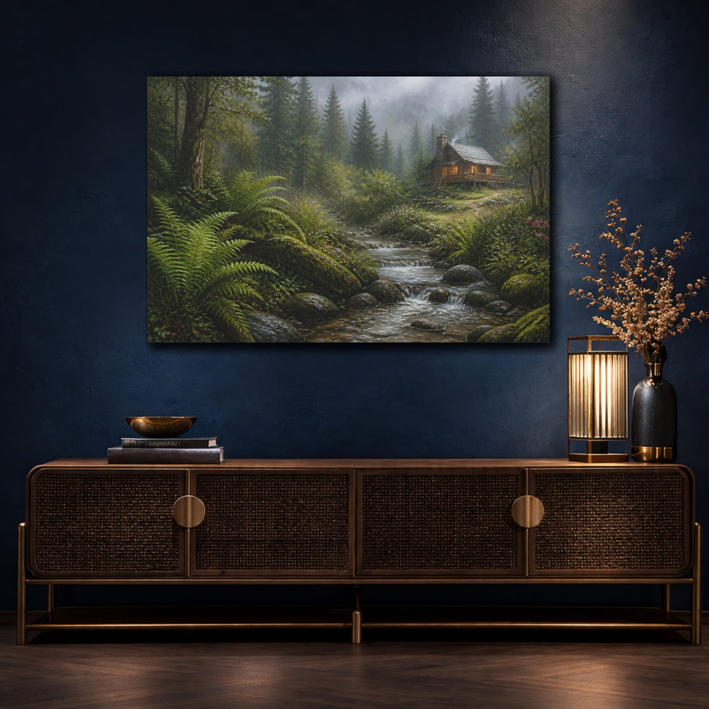 Mockup 4. Nature Forest Cabin Misty Forest Cabin shown as stretched canvas wall art