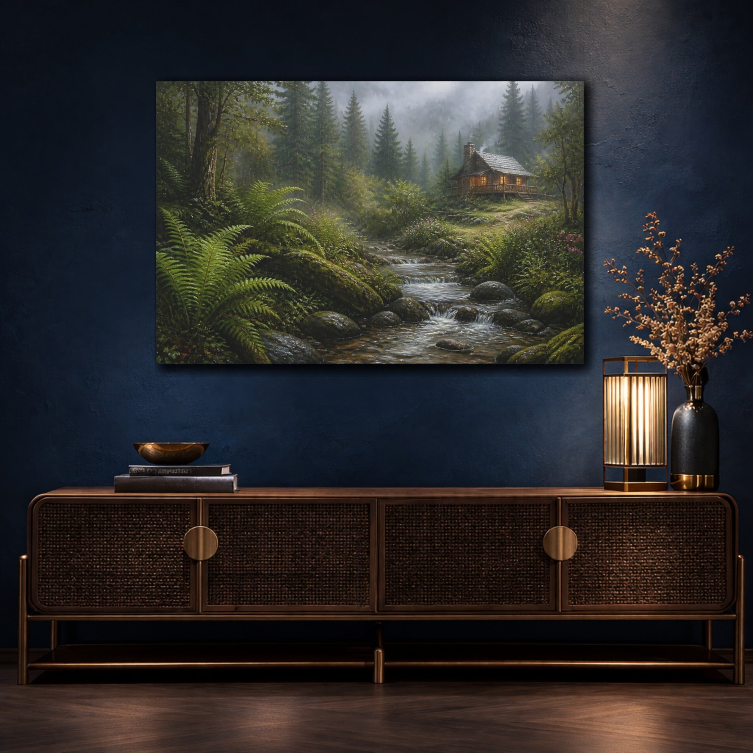 Mockup 4. Nature Forest Cabin Misty Forest Cabin shown as stretched canvas wall art