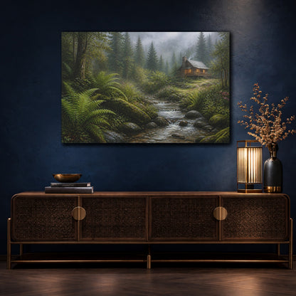 Mockup 4. Nature Forest Cabin Misty Forest Cabin shown as stretched canvas wall art