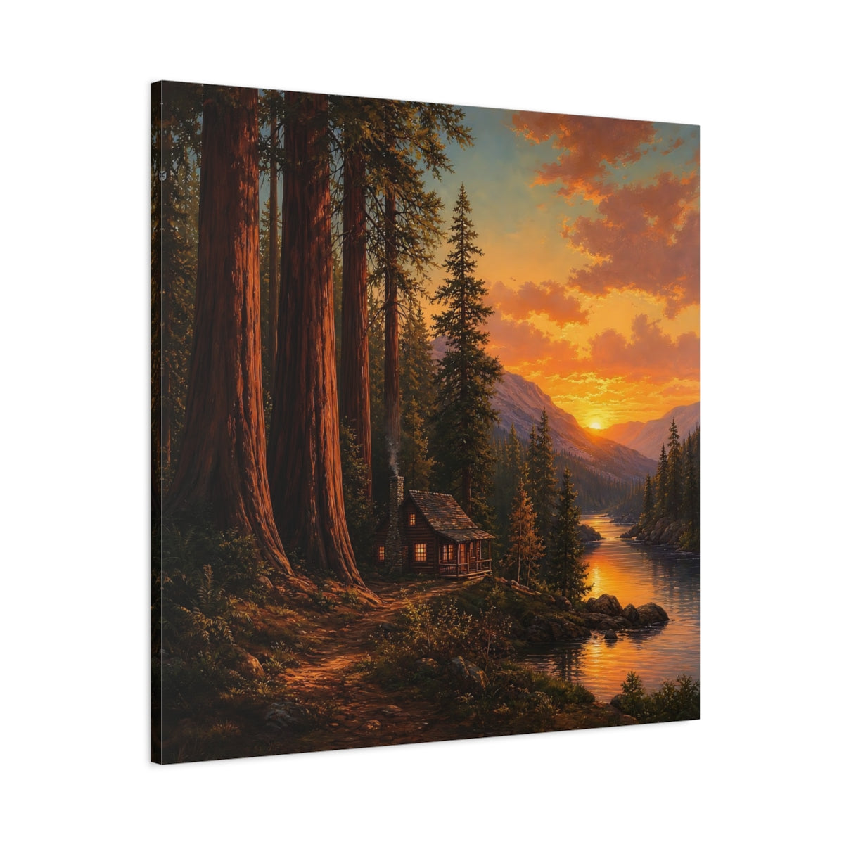 Main Mockup. Nature Forest Cabin Orange Sunset shown as stretched canvas wall art