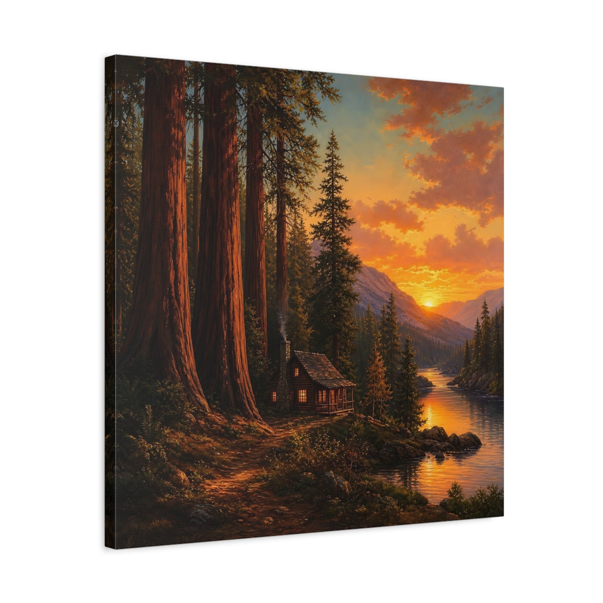 Side Mockup 4. Nature Forest Cabin Orange Sunset shown as stretched canvas wall art
