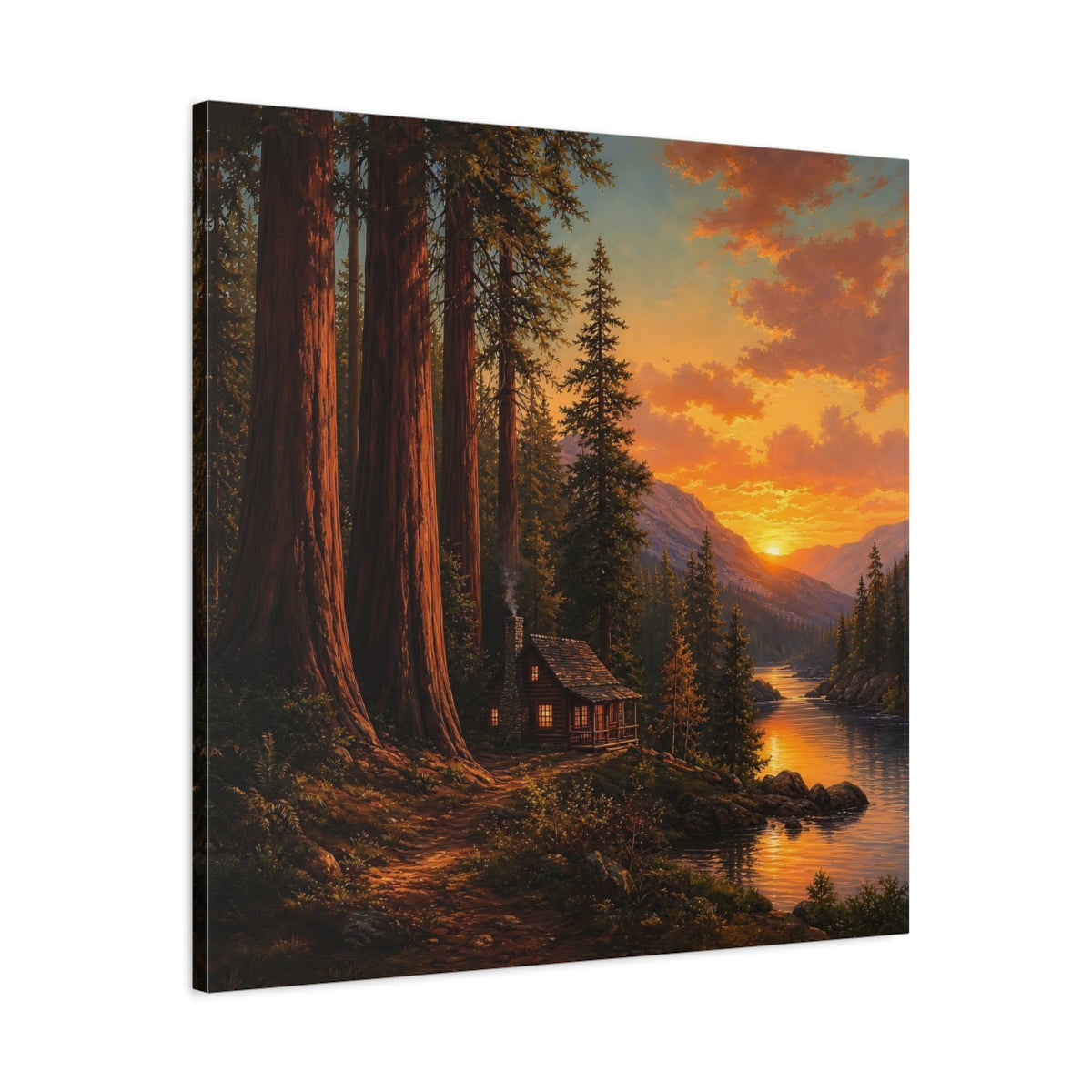 Side Mockup 3. Nature Forest Cabin Orange Sunset shown as stretched canvas wall art