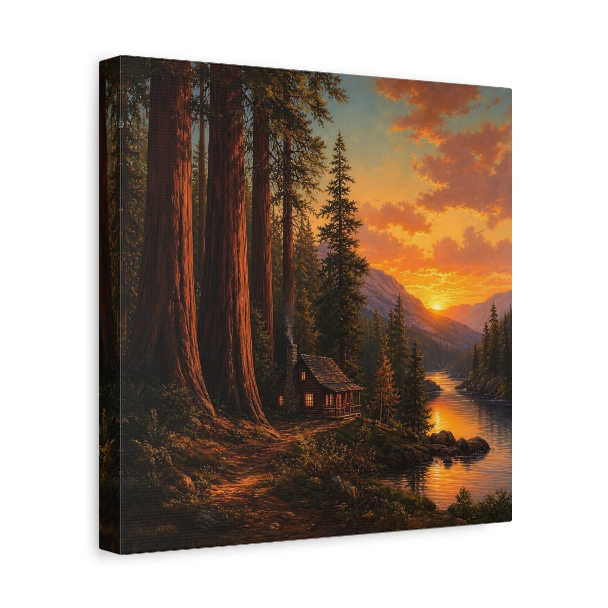 Side Mockup 8. Nature Forest Cabin Orange Sunset shown as stretched canvas wall art