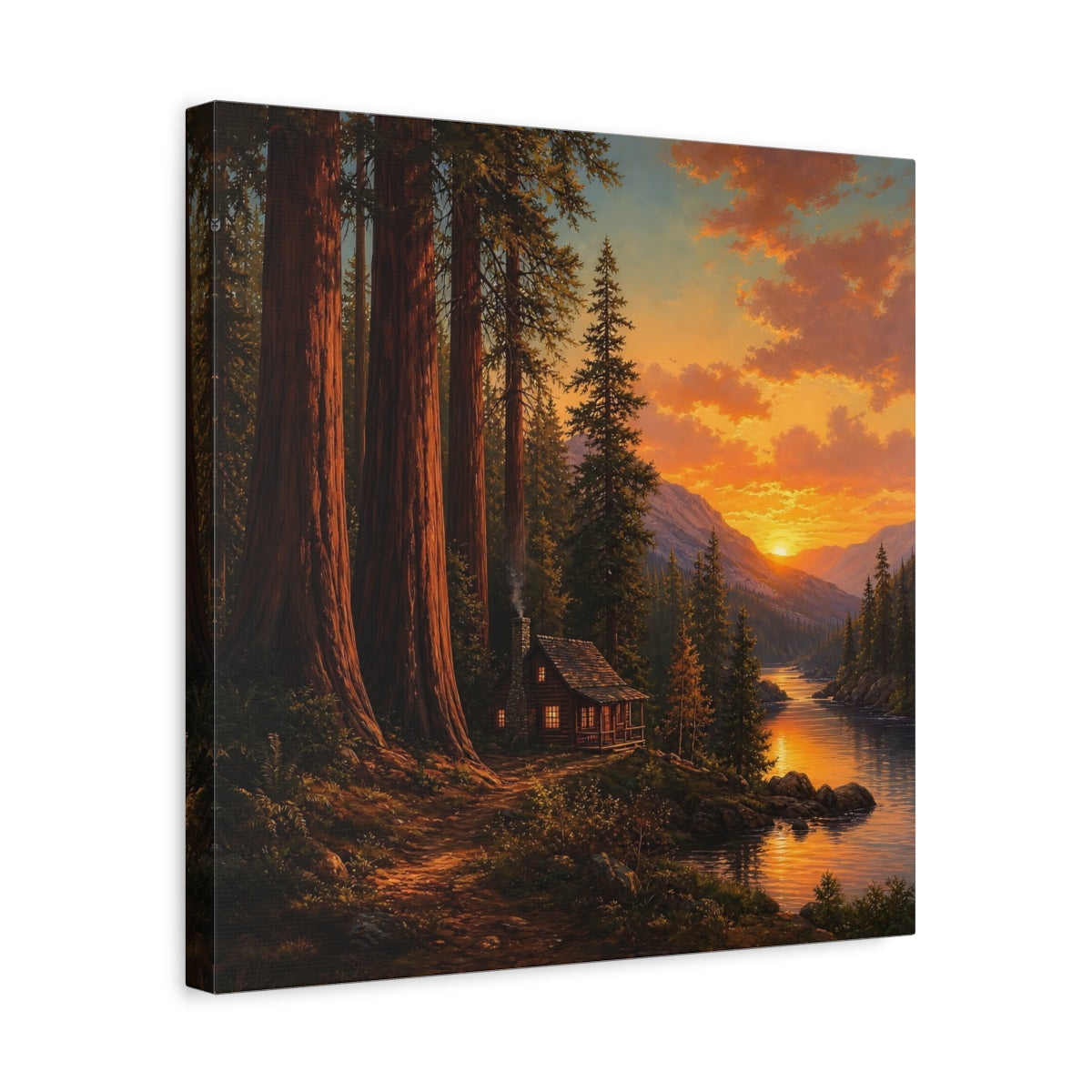 Side Mockup 6. Nature Forest Cabin Orange Sunset shown as stretched canvas wall art