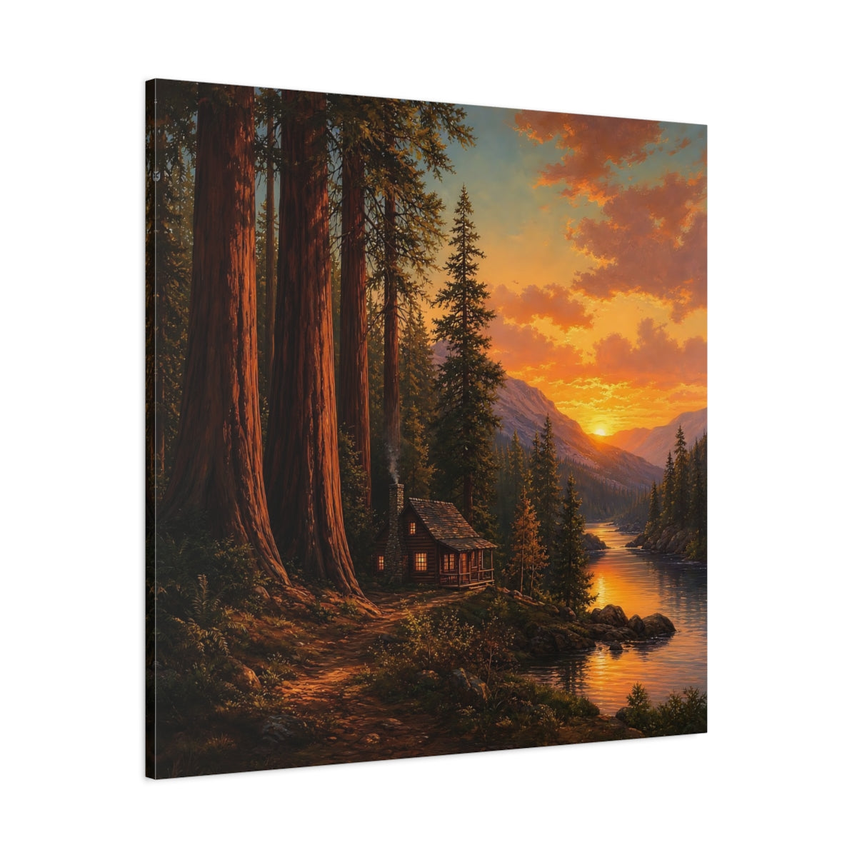 Side Mockup 1. Nature Forest Cabin Orange Sunset shown as stretched canvas wall art