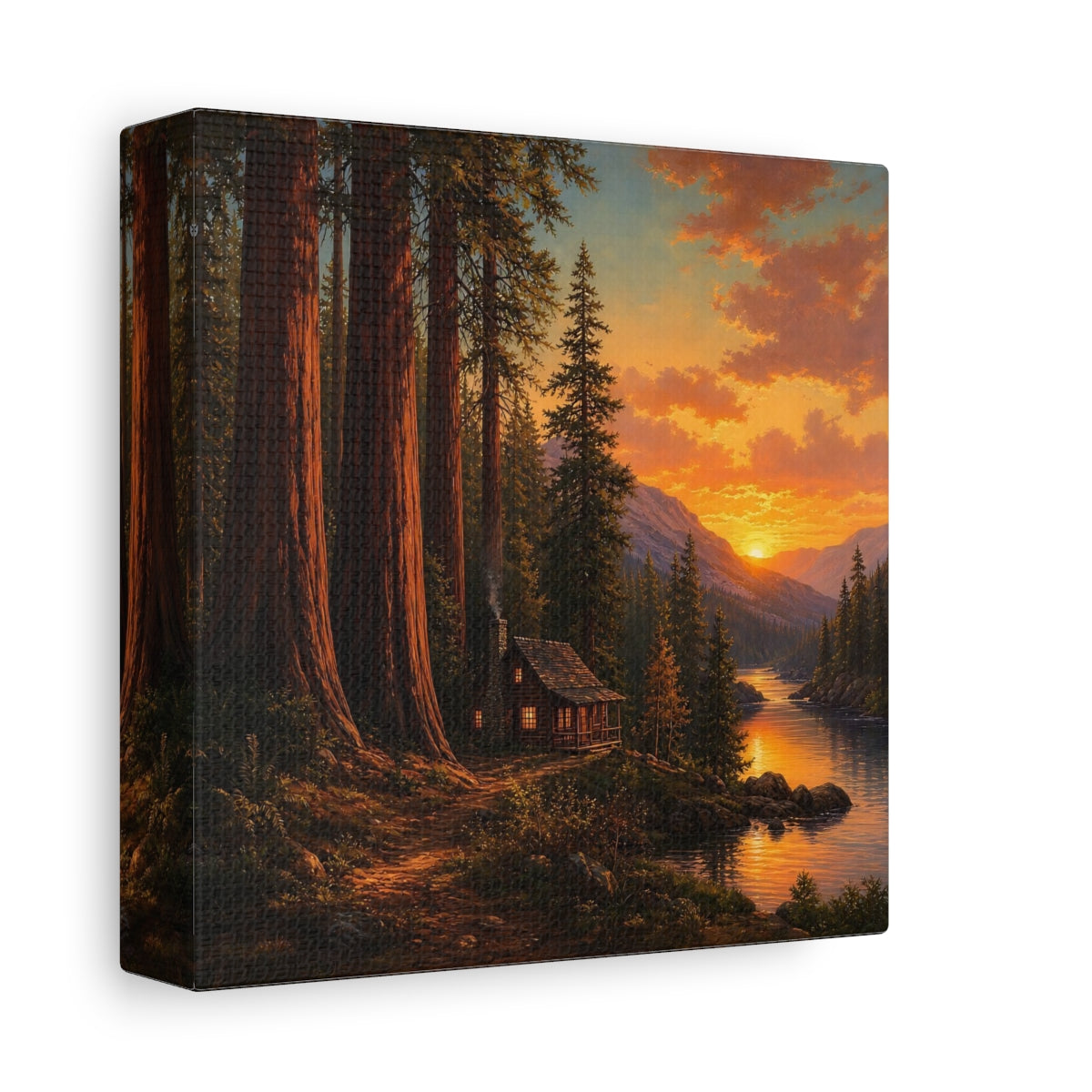Side Mockup 2. Nature Forest Cabin Orange Sunset shown as stretched canvas wall art