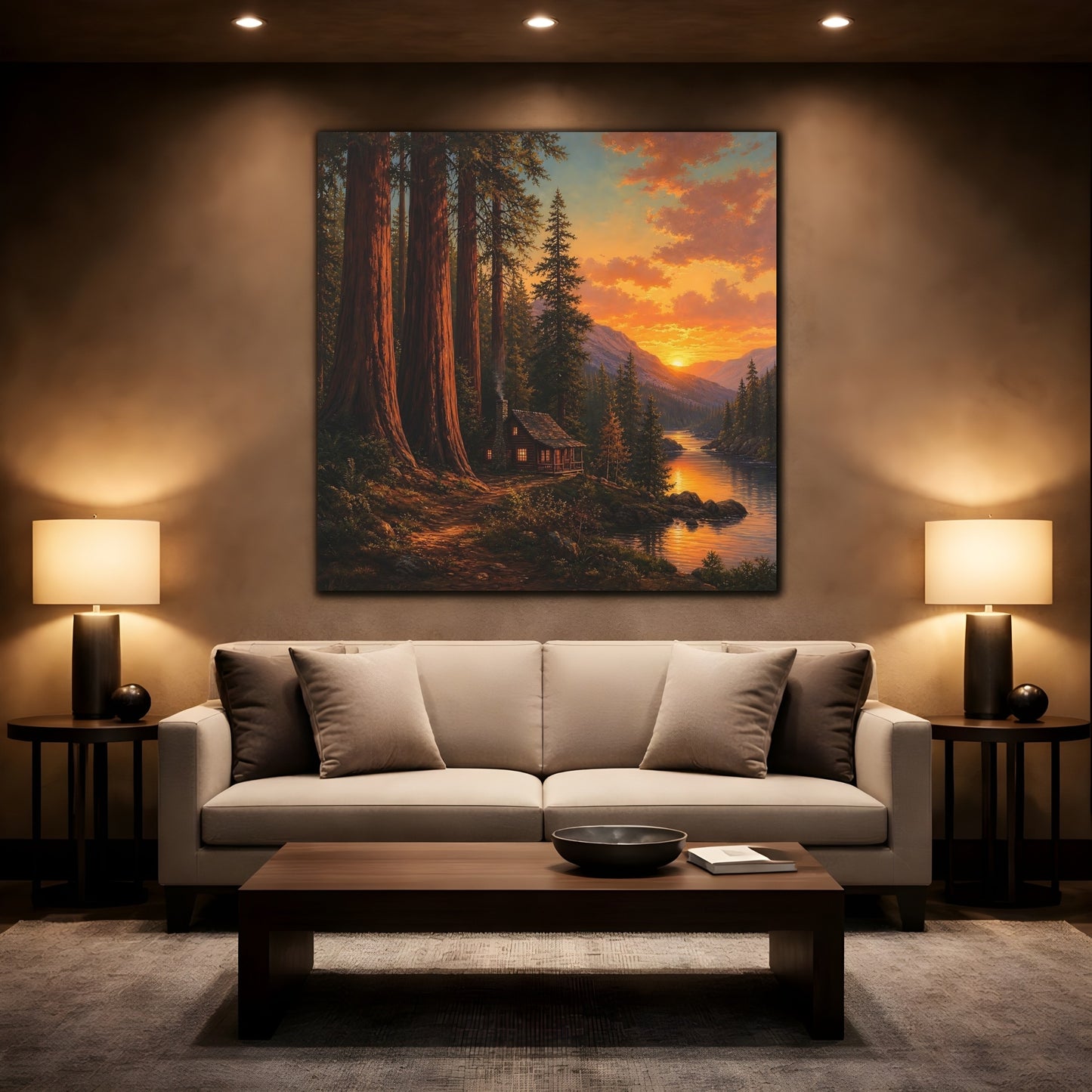 Mockup 2. Nature Forest Cabin Orange Sunset shown as stretched canvas wall art