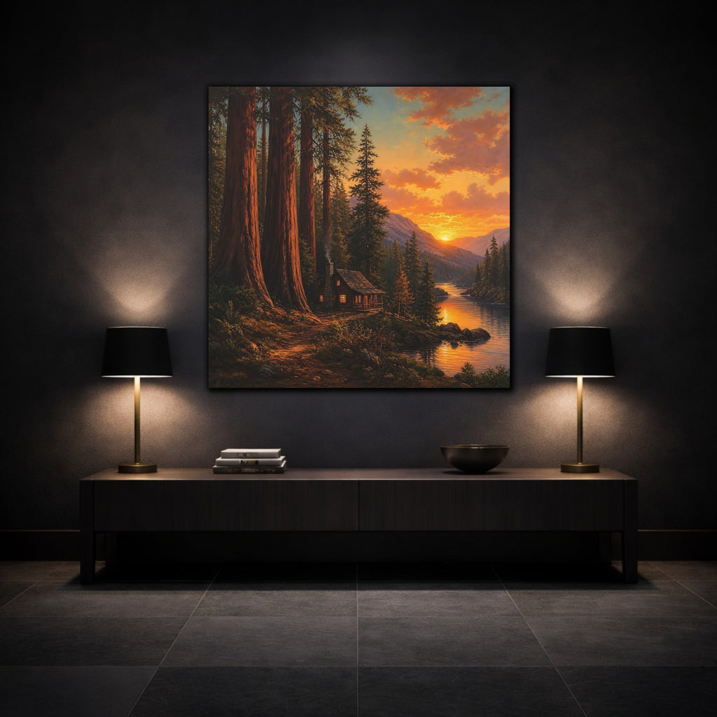 Mockup 3. Nature Forest Cabin Orange Sunset shown as stretched canvas wall art