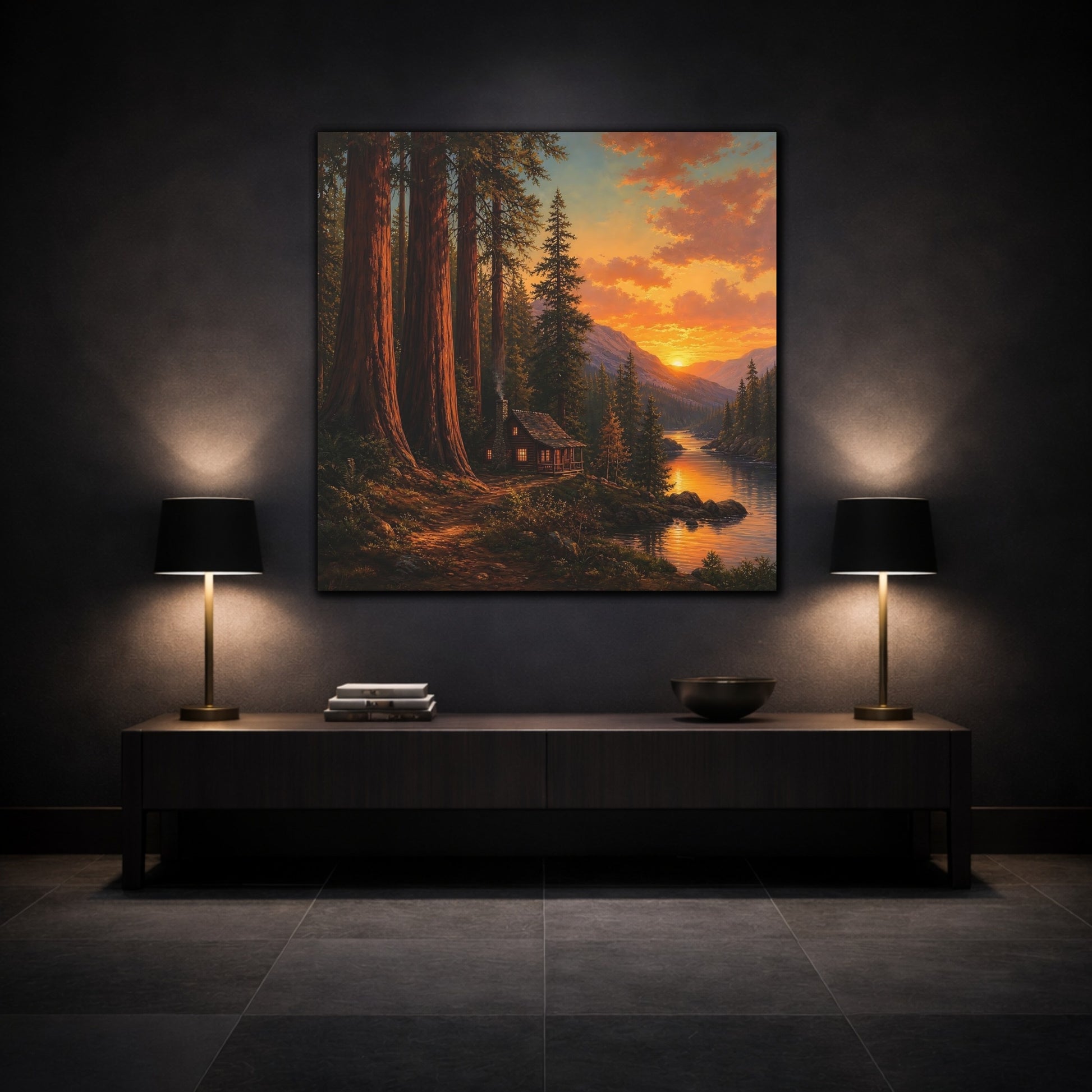 Mockup 3. Nature Forest Cabin Orange Sunset shown as stretched canvas wall art