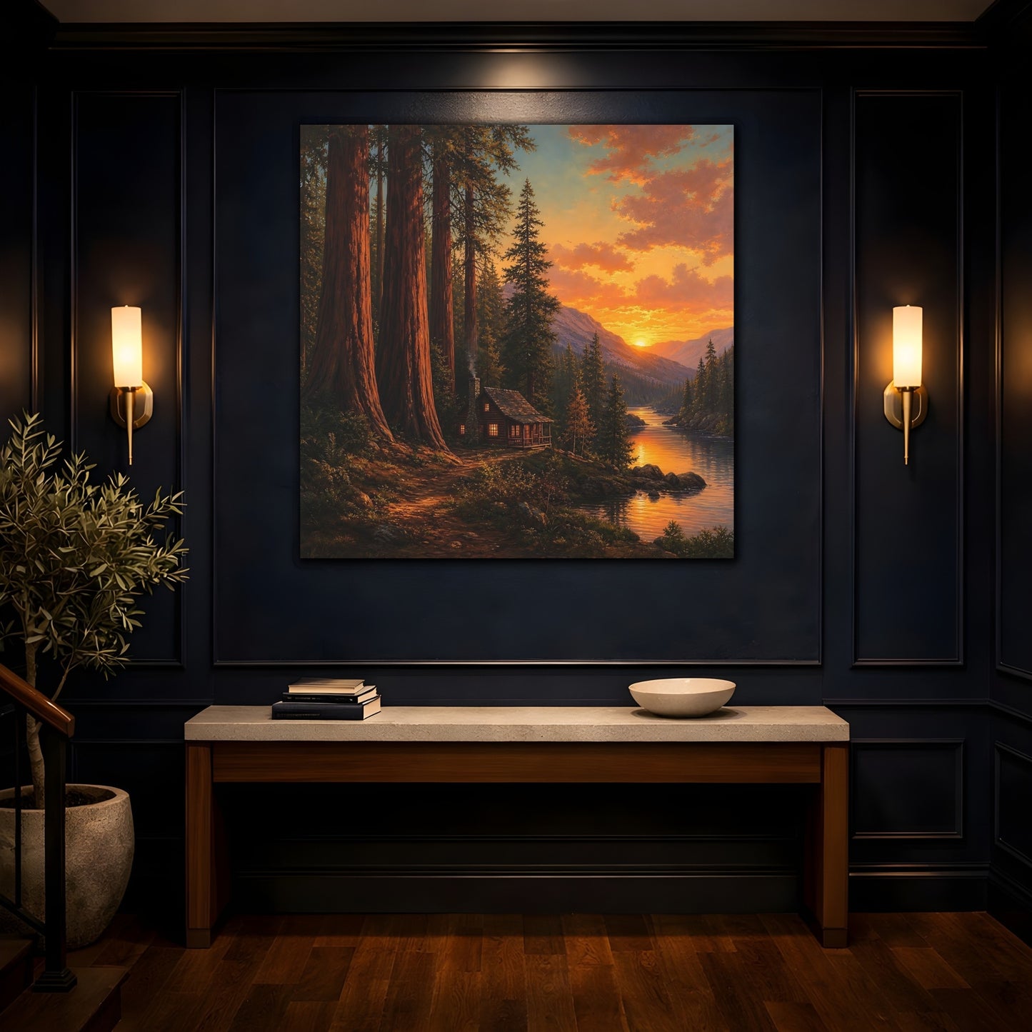 Mockup 4. Nature Forest Cabin Orange Sunset shown as stretched canvas wall art