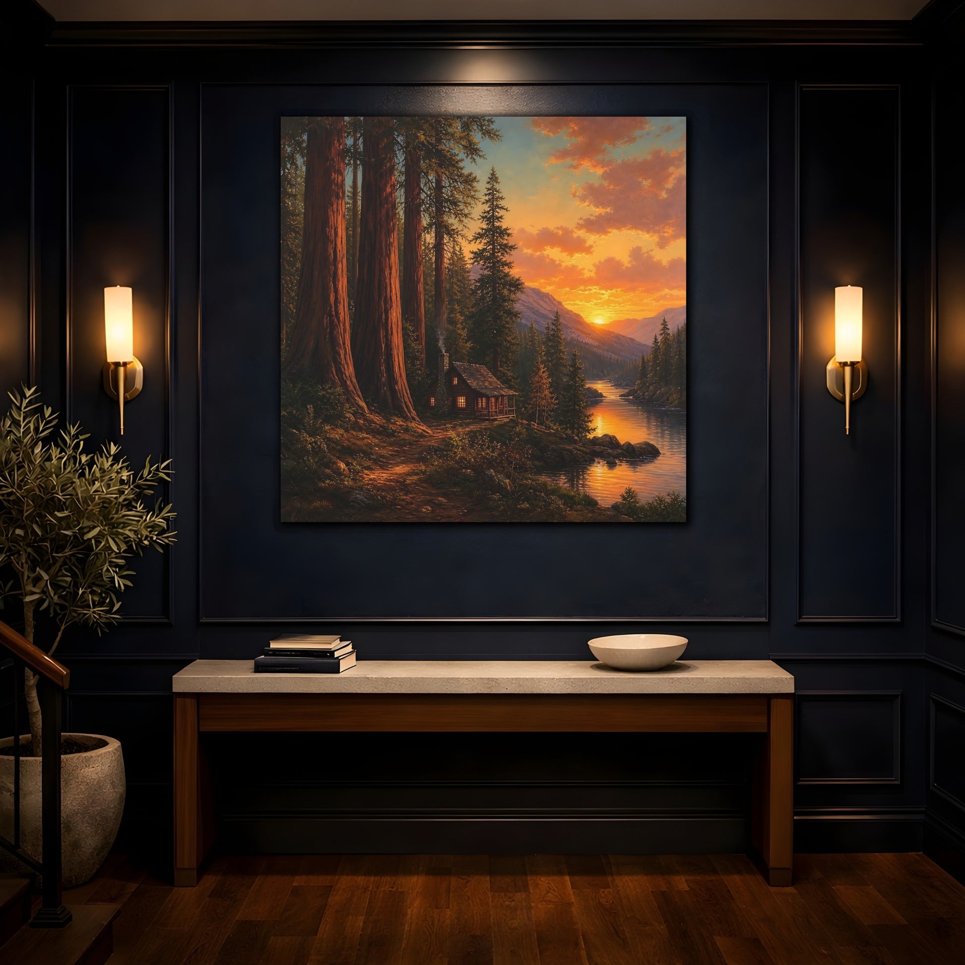 Mockup 4. Nature Forest Cabin Orange Sunset shown as stretched canvas wall art