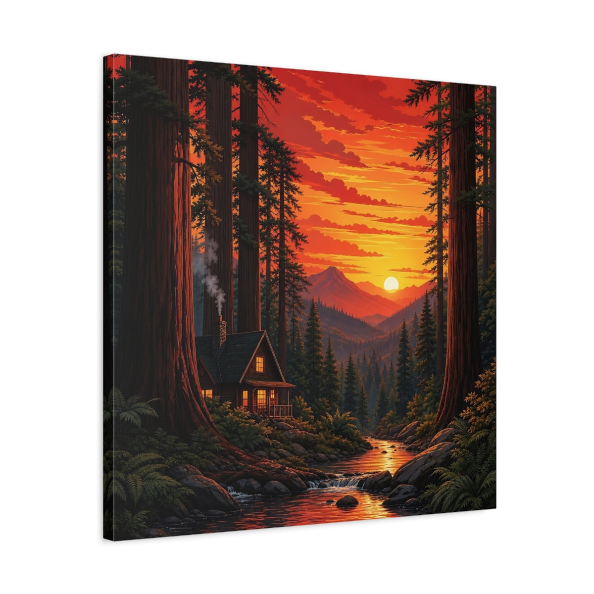 Side Mockup 4. Nature Forest Cabin Sunset Forest Cabin shown as stretched canvas wall art