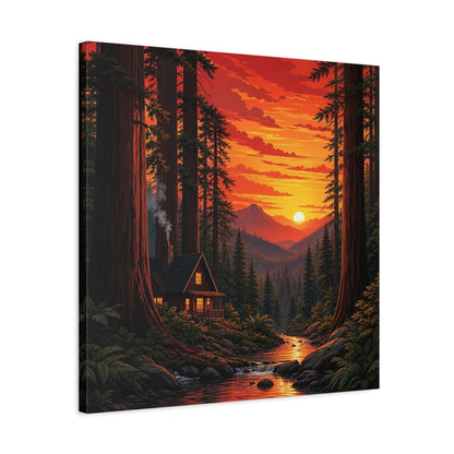 Side Mockup 4. Nature Forest Cabin Sunset Forest Cabin shown as stretched canvas wall art