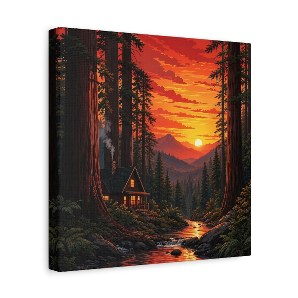Side Mockup 8. Nature Forest Cabin Sunset Forest Cabin shown as stretched canvas wall art