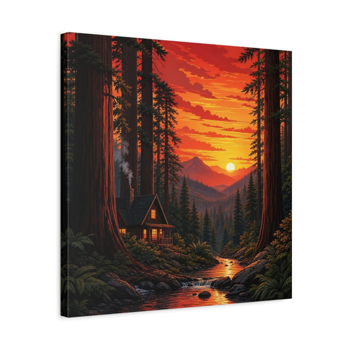Side Mockup 5. Nature Forest Cabin Sunset Forest Cabin shown as stretched canvas wall art