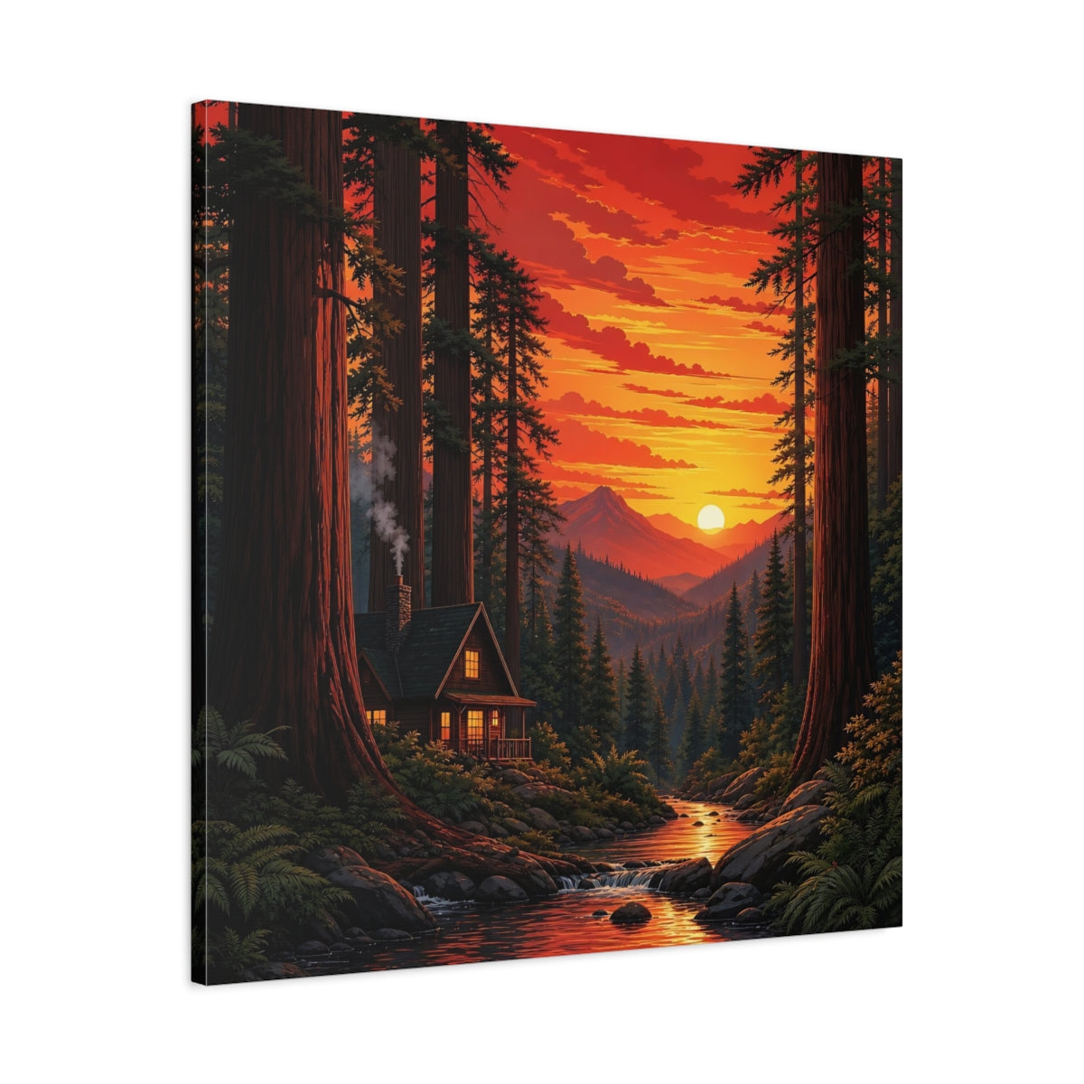 Side Mockup 3. Nature Forest Cabin Sunset Forest Cabin shown as stretched canvas wall art