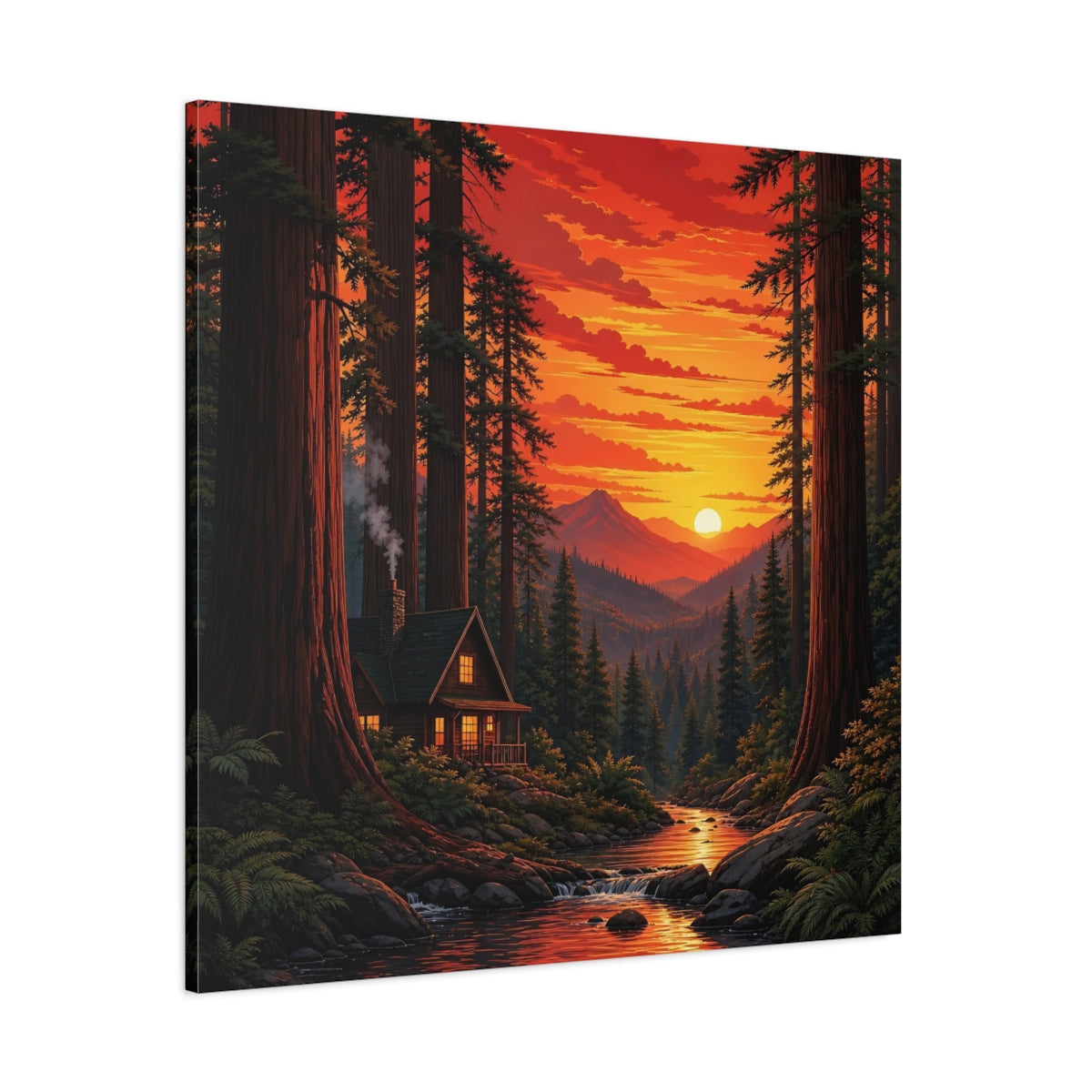 Side Mockup 1. Nature Forest Cabin Sunset Forest Cabin shown as stretched canvas wall art