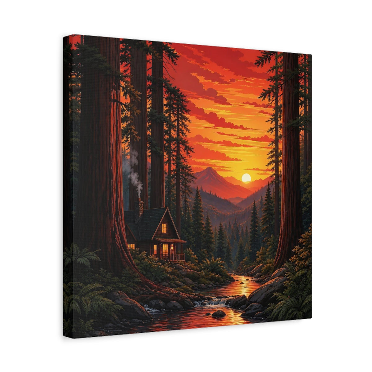 Side Mockup 6. Nature Forest Cabin Sunset Forest Cabin shown as stretched canvas wall art