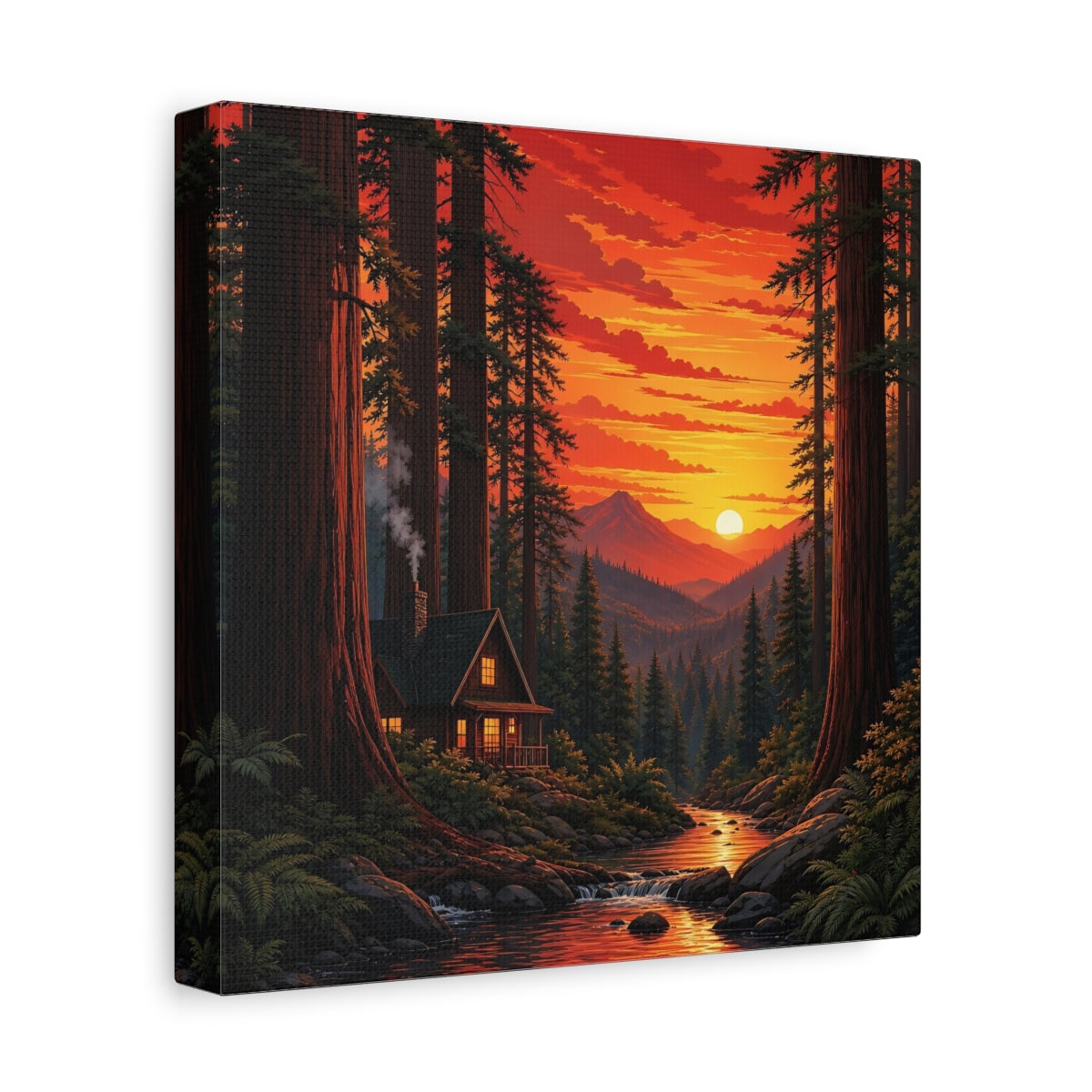 Side Mockup 9. Nature Forest Cabin Sunset Forest Cabin shown as stretched canvas wall art