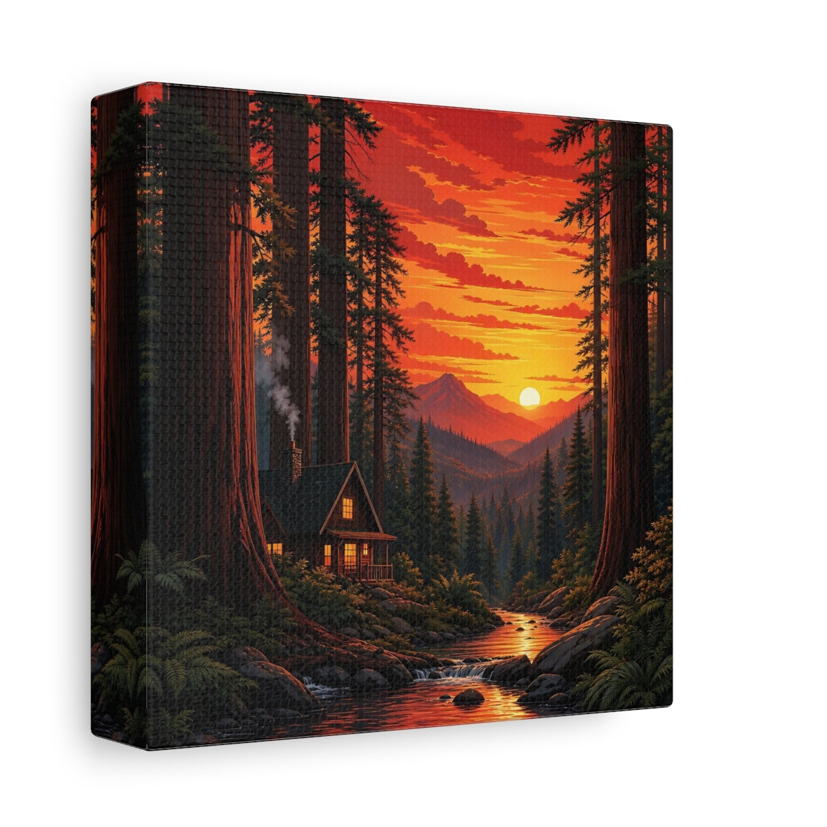 Side Mockup 2. Nature Forest Cabin Sunset Forest Cabin shown as stretched canvas wall art