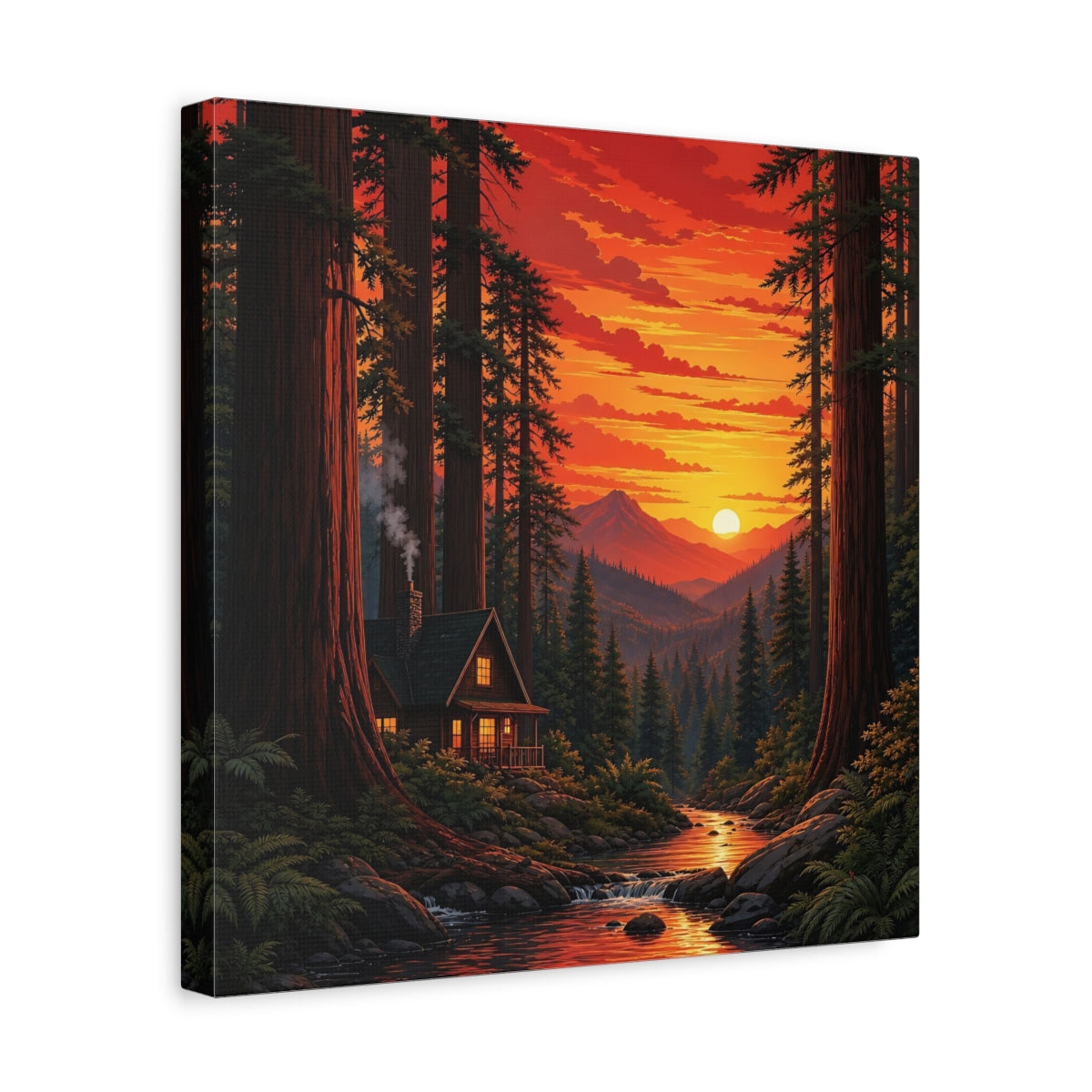 Side Mockup 7. Nature Forest Cabin Sunset Forest Cabin shown as stretched canvas wall art