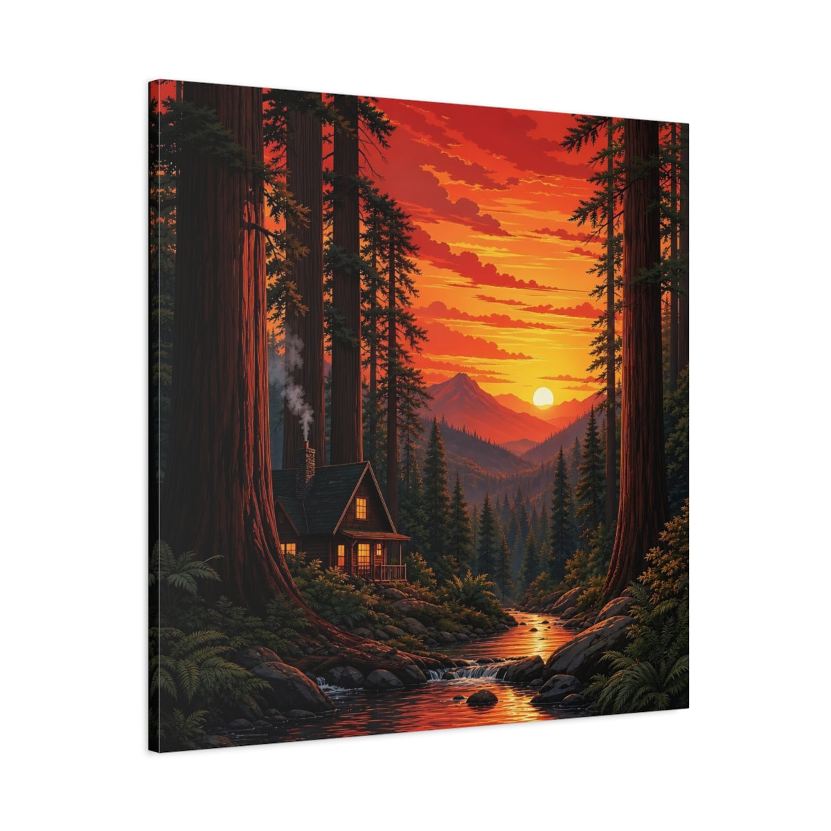 Main Mockup. Nature Forest Cabin Sunset Forest Cabin shown as stretched canvas wall art