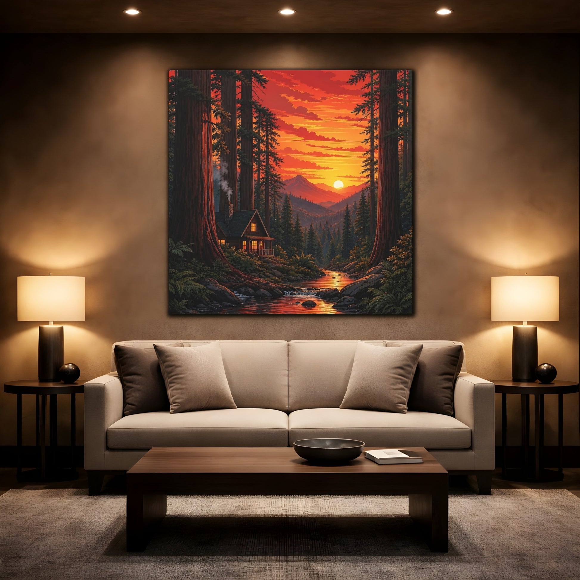 Mockup 2. Nature Forest Cabin Sunset Forest Cabin shown as stretched canvas wall art