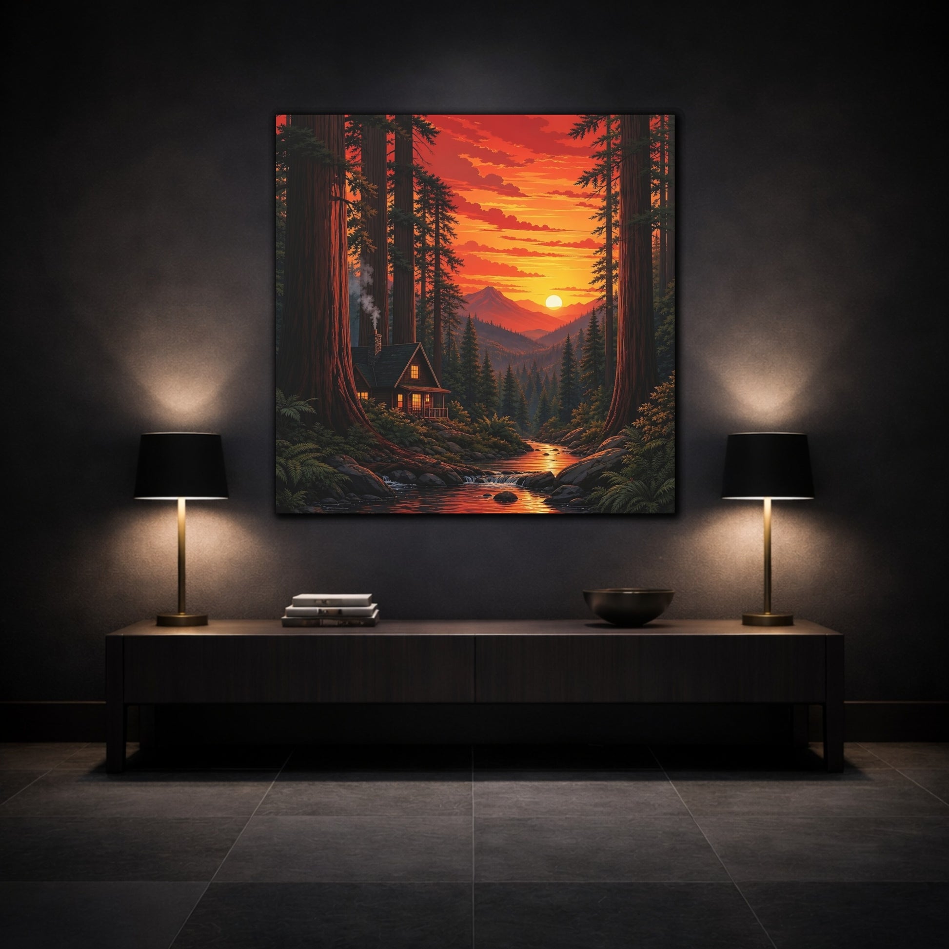 Mockup 3. Nature Forest Cabin Sunset Forest Cabin shown as stretched canvas wall art