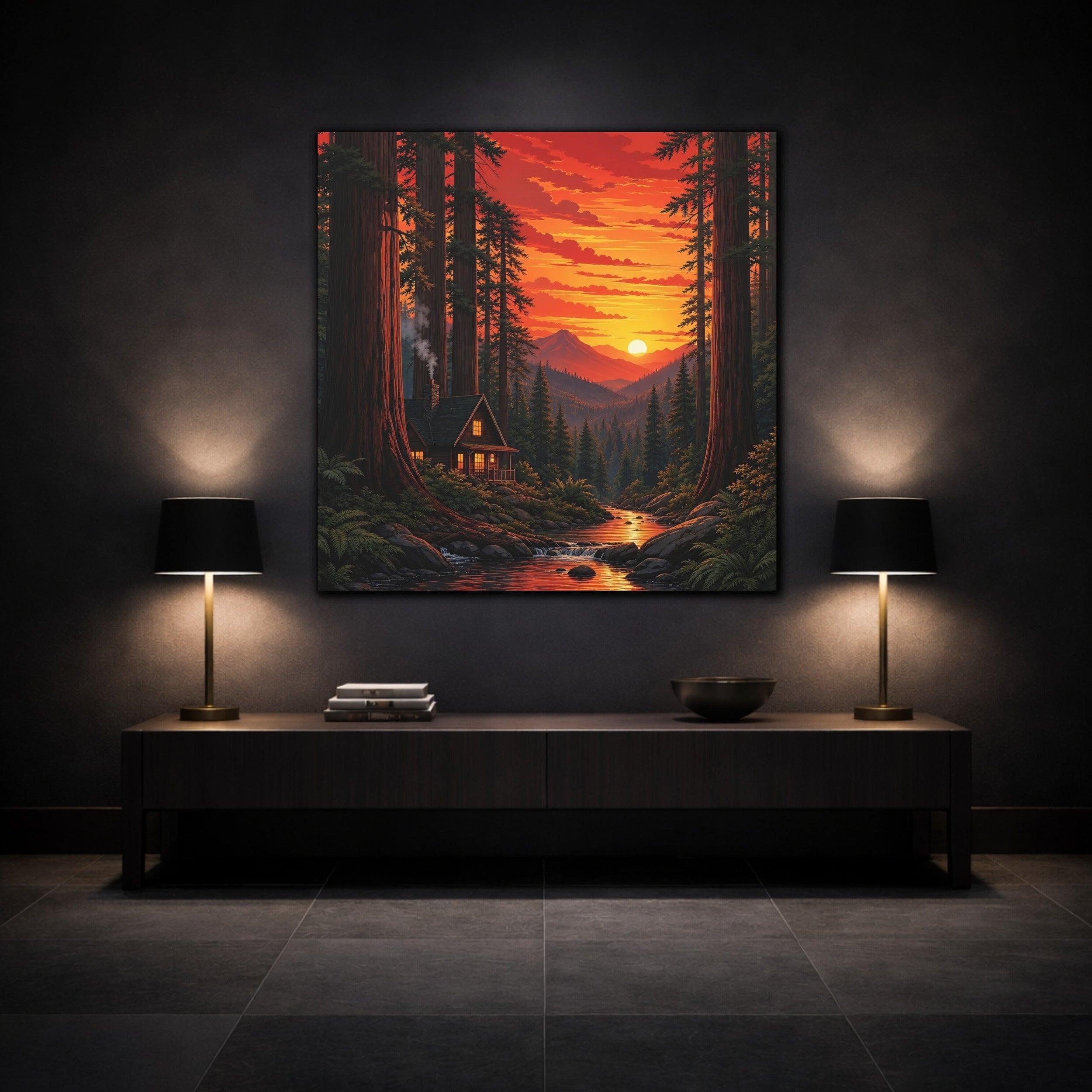 Mockup 3. Nature Forest Cabin Sunset Forest Cabin shown as stretched canvas wall art