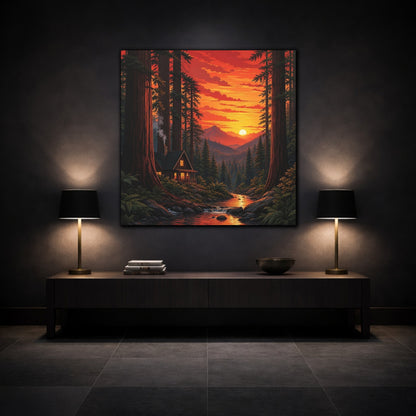 Mockup 3. Nature Forest Cabin Sunset Forest Cabin shown as stretched canvas wall art