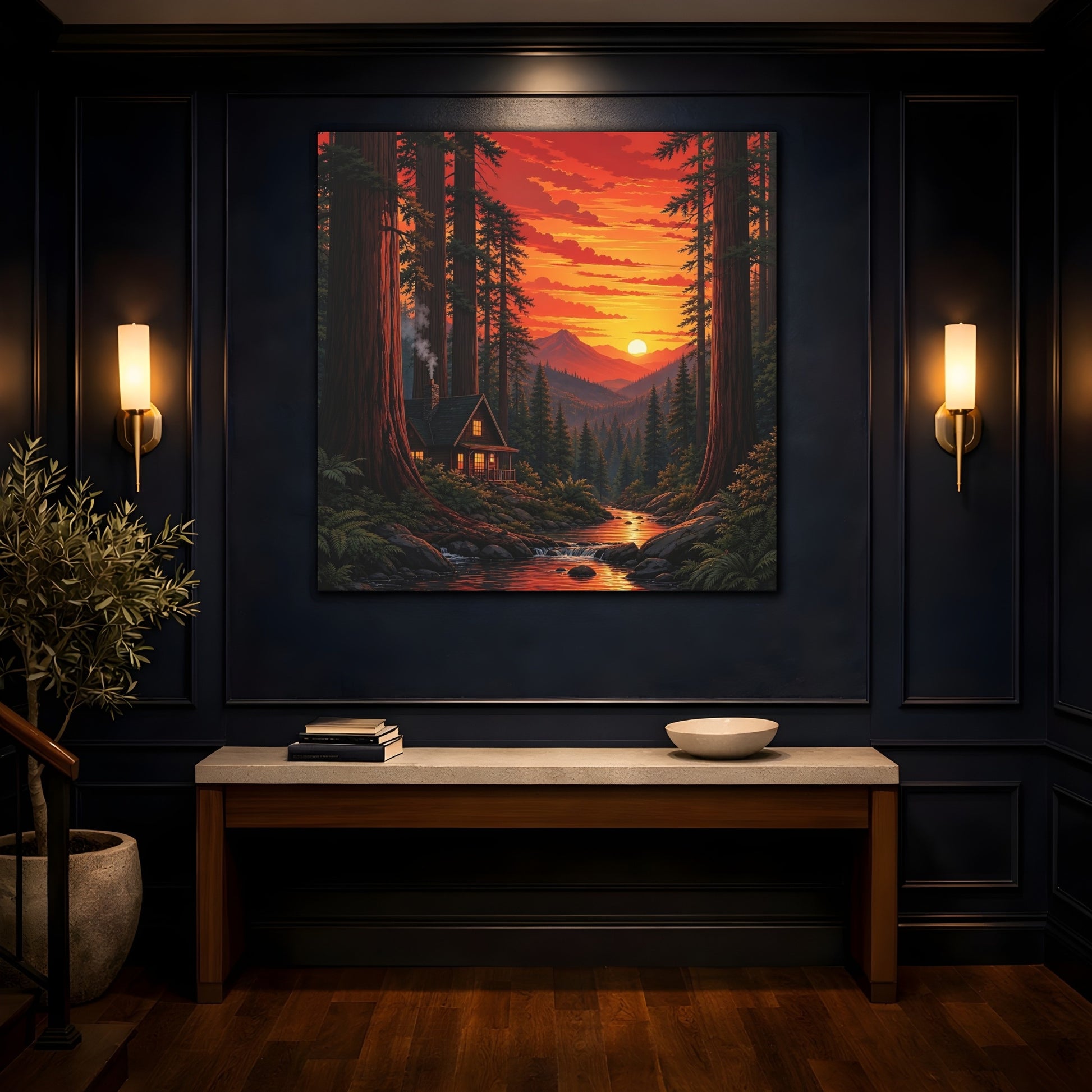 Mockup 4. Nature Forest Cabin Sunset Forest Cabin shown as stretched canvas wall art