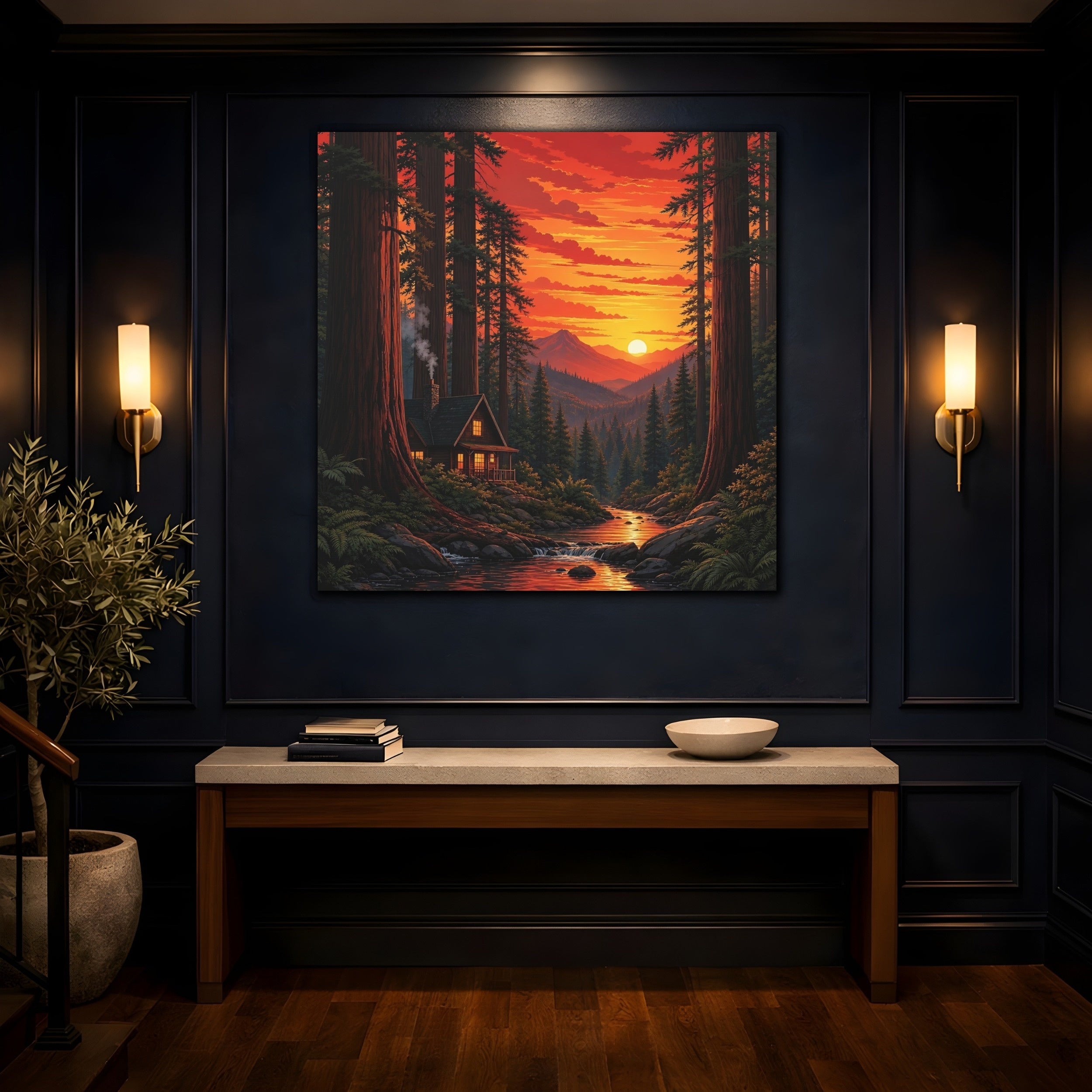 Mockup 4. Nature Forest Cabin Sunset Forest Cabin shown as stretched canvas wall art