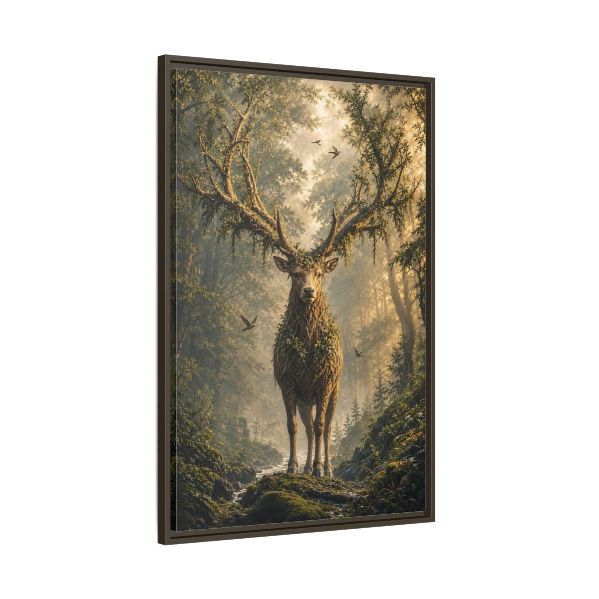 Nature Forest Deer Brown and Green Framed Canvas Wall Art - Living Room, Above Sofa, Gold shown as canvas wall art