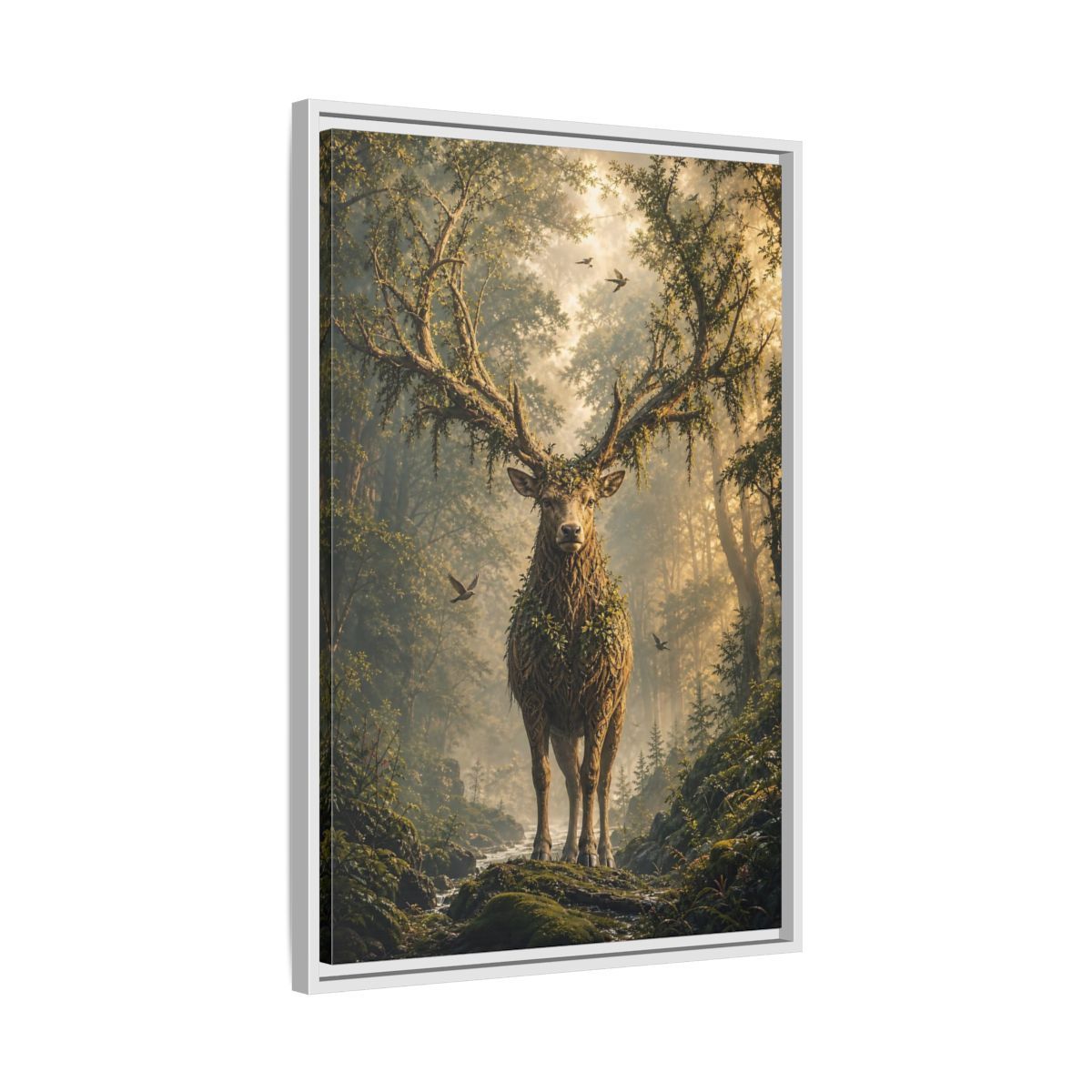 Nature Forest Deer Brown and Green Framed Canvas Wall Art - Living Room, Above Sofa, Gold shown as canvas wall art