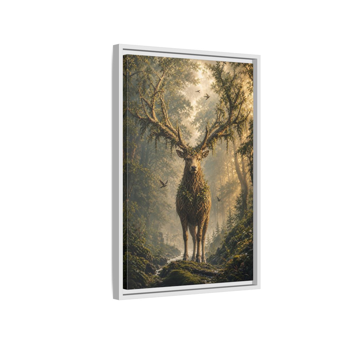Nature Forest Deer Brown and Green Framed Canvas Wall Art - Living Room, Above Sofa, Gold shown as canvas wall art