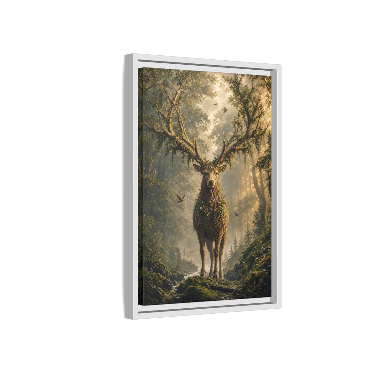 Nature Forest Deer Brown and Green Framed Canvas Wall Art - Living Room, Above Sofa, Gold shown as canvas wall art
