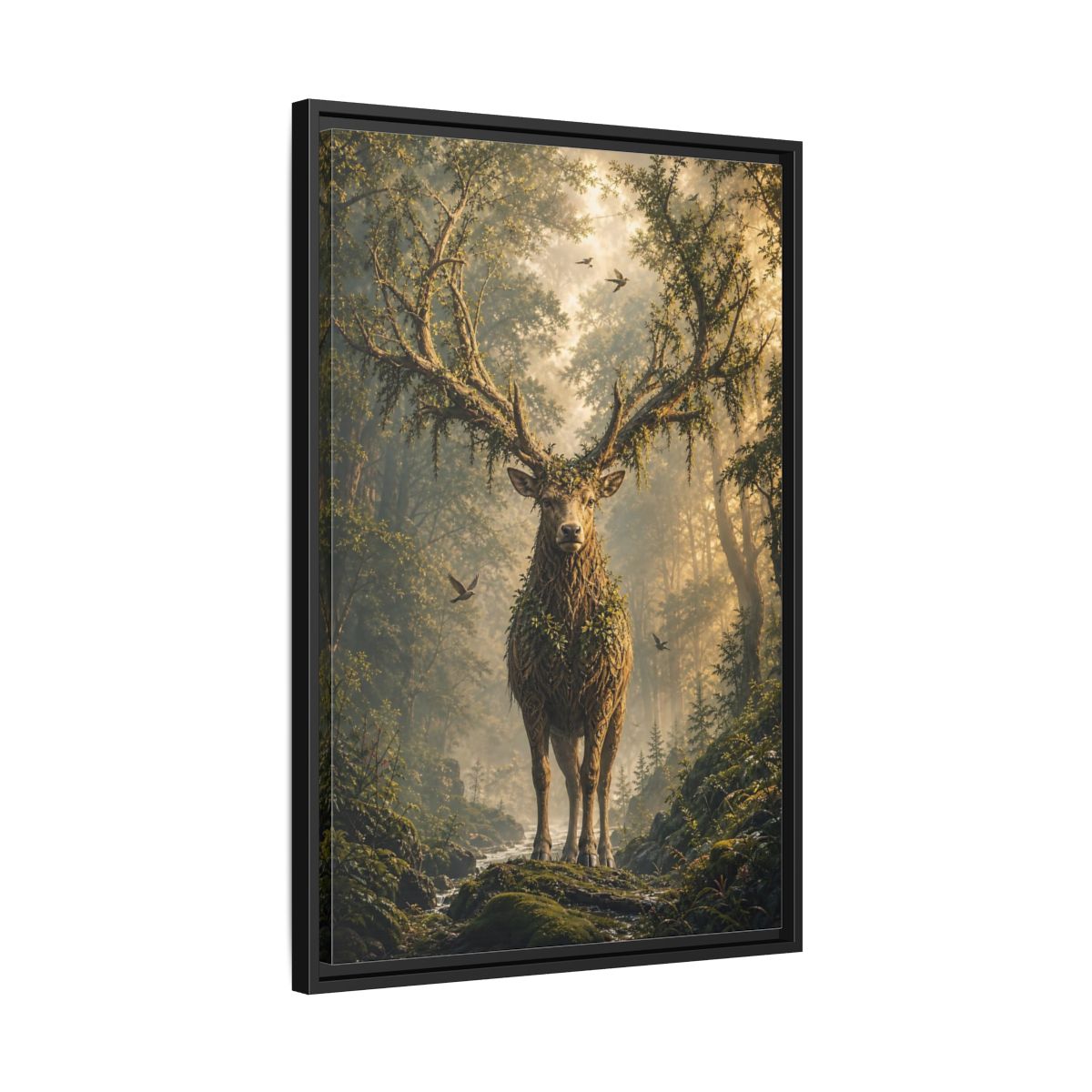 Nature Forest Deer Brown and Green Framed Canvas Wall Art - Living Room, Above Sofa, Gold shown as canvas wall art